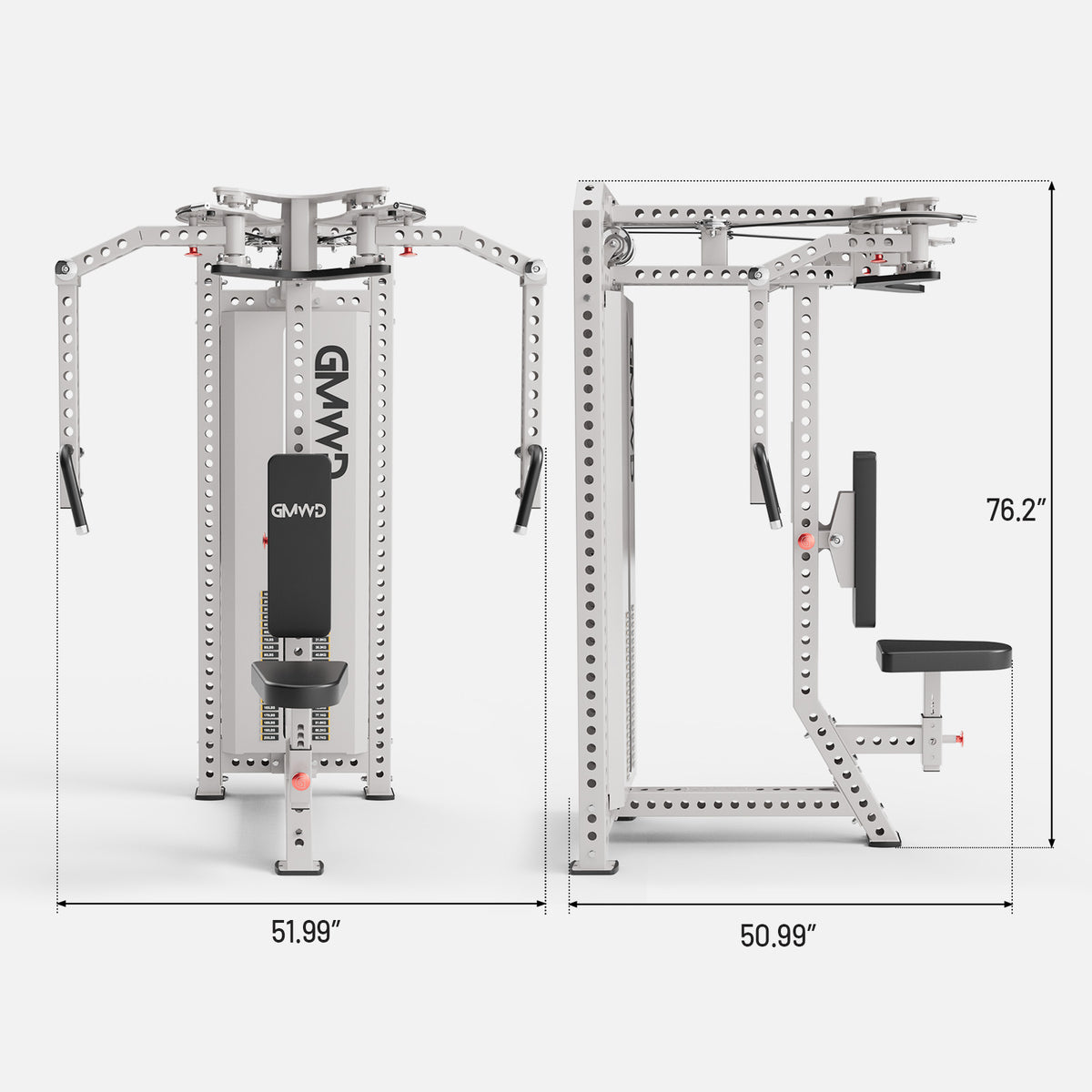 GMWD Ascent FR2 Pec Fly and Rear Delt Machine Dimensions and Footprint Specifications (50.99"L x 51.99"W x 76.2"H)