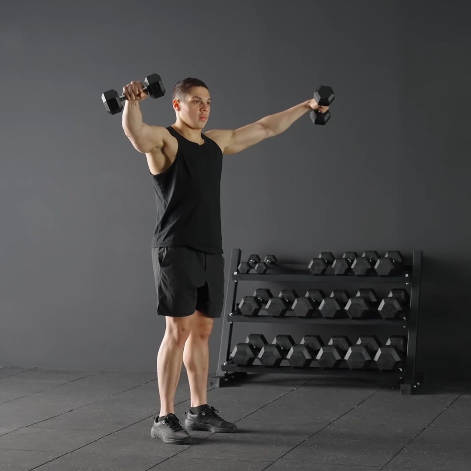 Rubber Hex Dumbbell Set with Racks