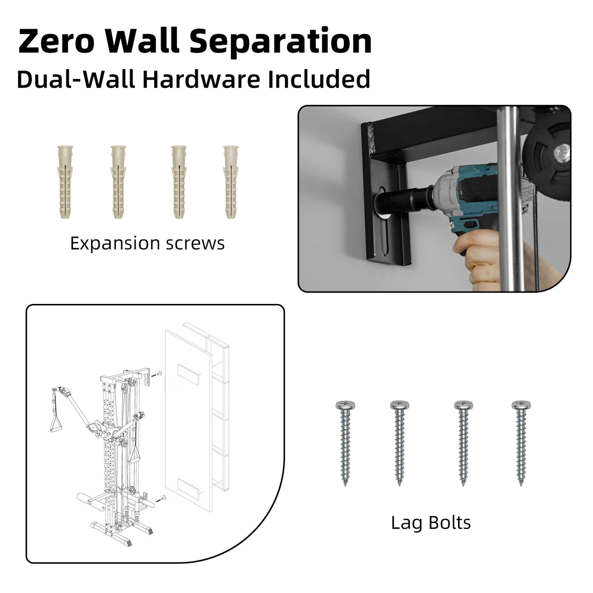 GMWD CC9 dual wall installation hardware showing zero wall separation with lag bolts and expansion screws