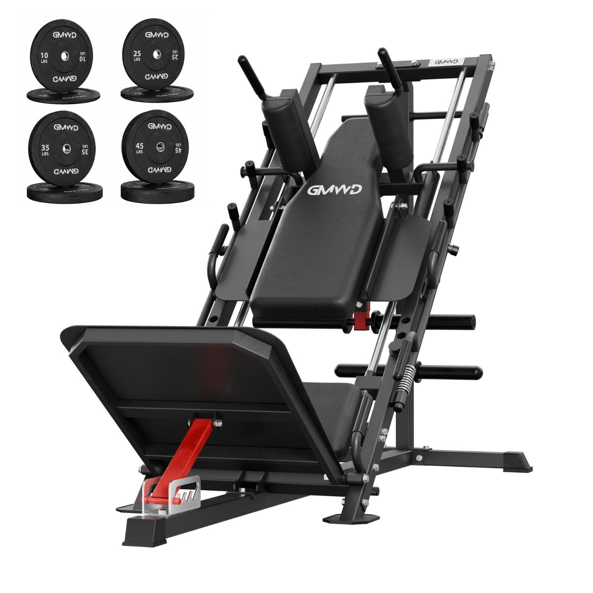 GMWD DD09 45-degree leg press and hack squat combo machine in black and red with weight plates set