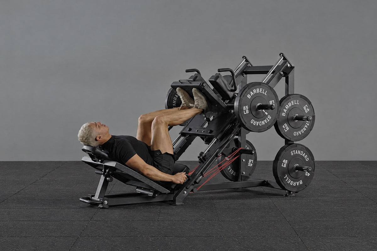 Athlete doing 45-degree leg press on GMWD LH01 leg press and hack squat machine.