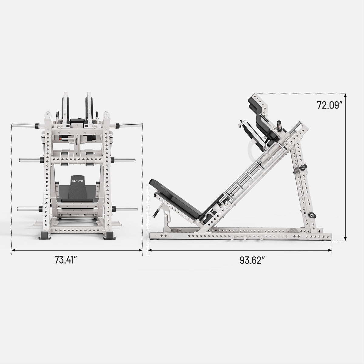 GMWD Ascent DD12 Leg Press and Hack Squat Machine Dimensions and Size Specifications (93.62"L x 73.41"W x 72.09"H)