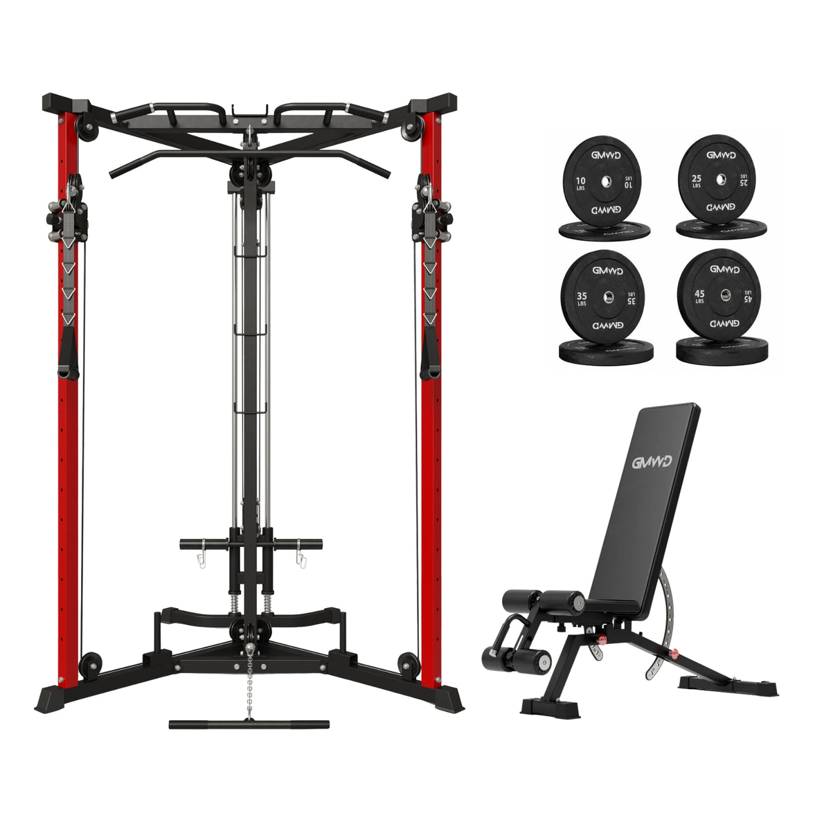 GMWD CC08 Functional Trainer Cable Machine with Adjustable Weight Bench and Bumper Weight Plates Set
