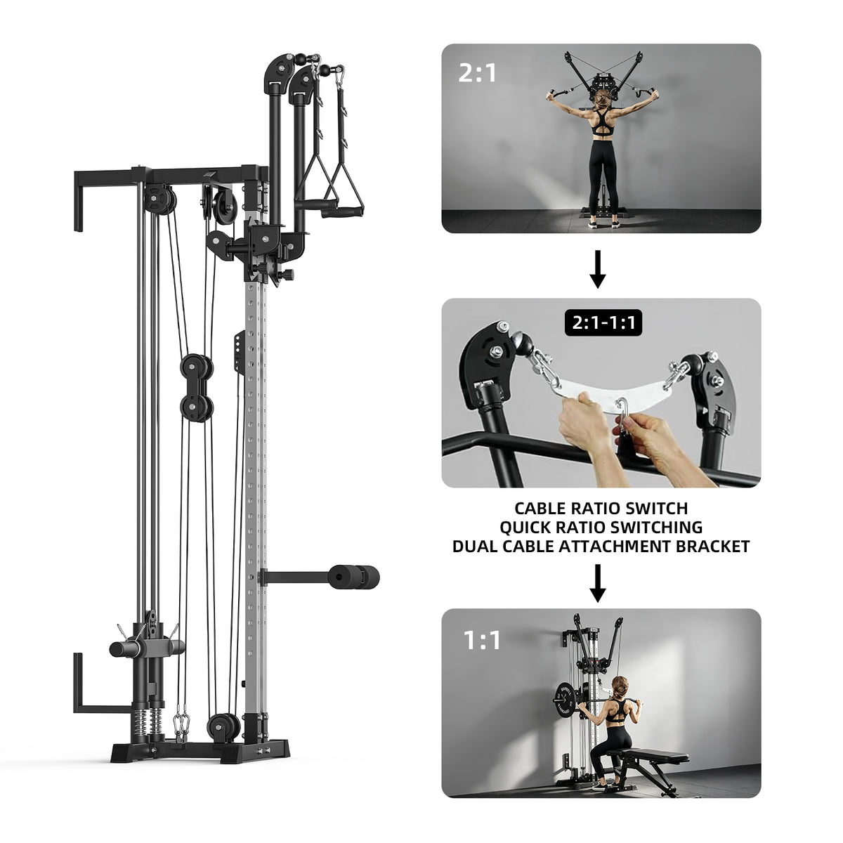GMWD CC9 functional trainer cable machine quick 2 to 1 and 1 to 1 cable ratio switching bracket exercise demonstration