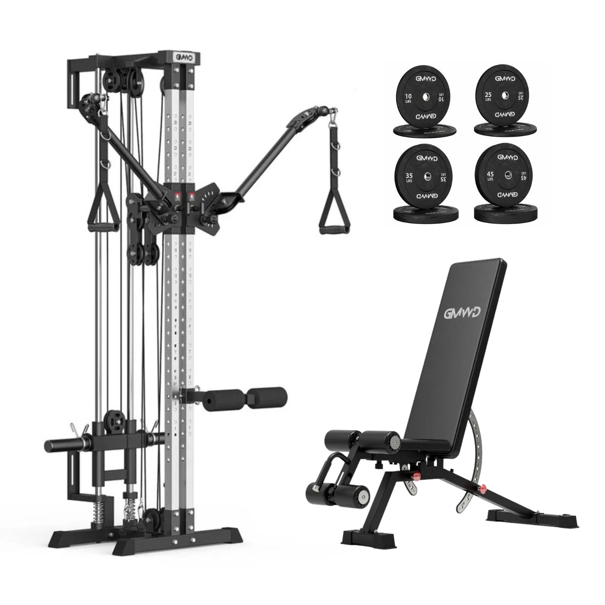 GMWD CC9 Functional Trainer Home Gym Bundle with adjustable bench and 230 lb weight plates