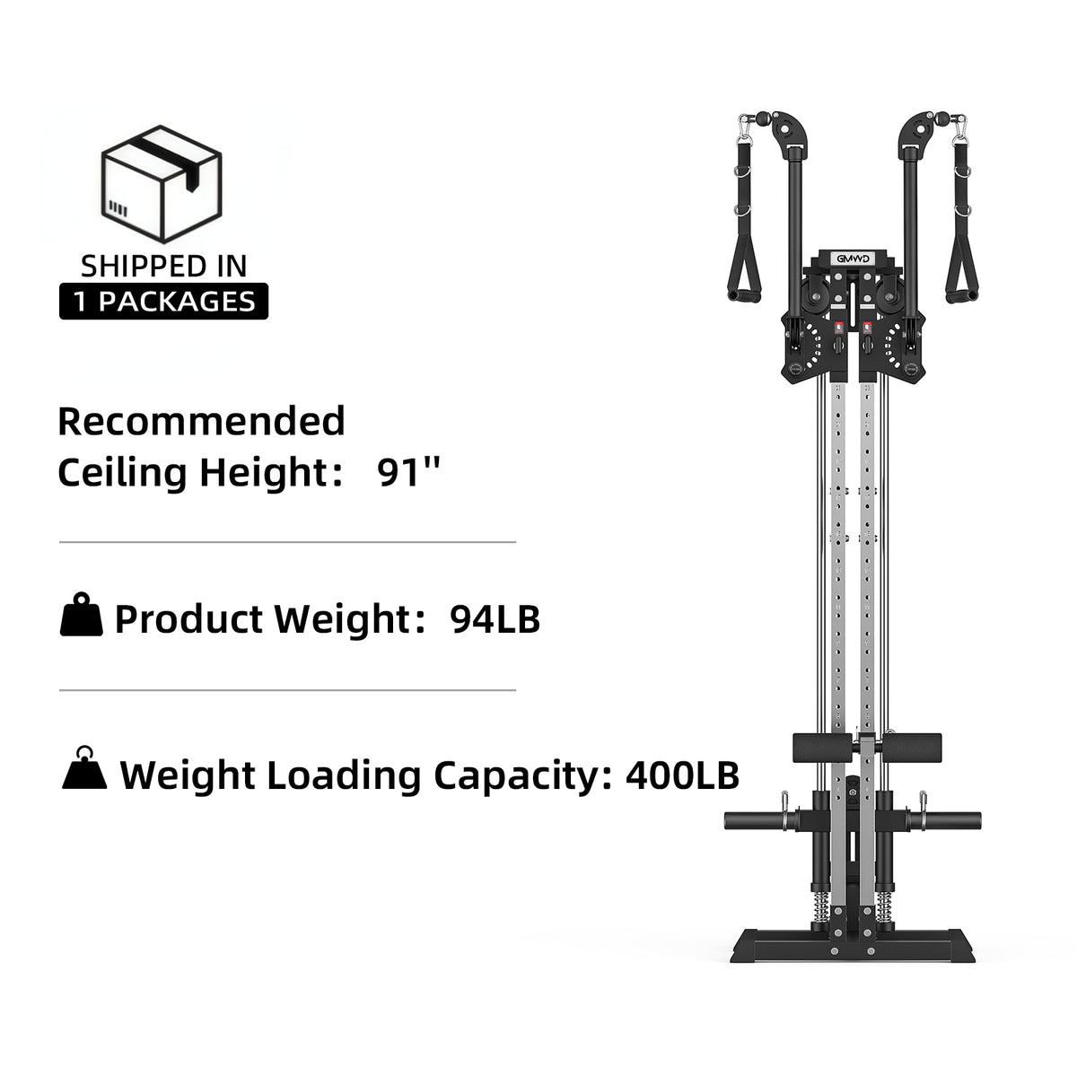 GMWD CC9 wall mounted cable station specifications showing 91 inch recommended ceiling height, 94LB weight and 400LB capacity