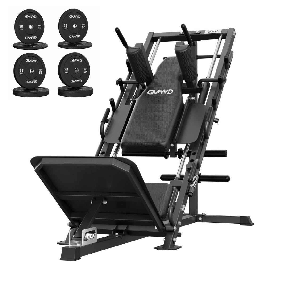 GMWD DD09 45-degree leg press and hack squat machine in all black with weight plates set