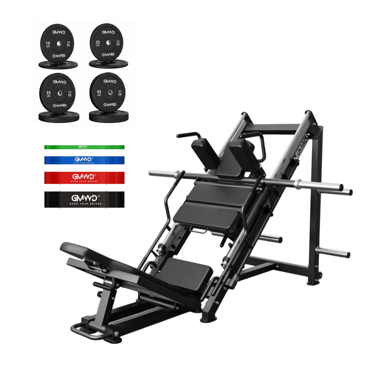 GMWD LH01 leg press and hack squat machine bundle with weight plates and resistance bands